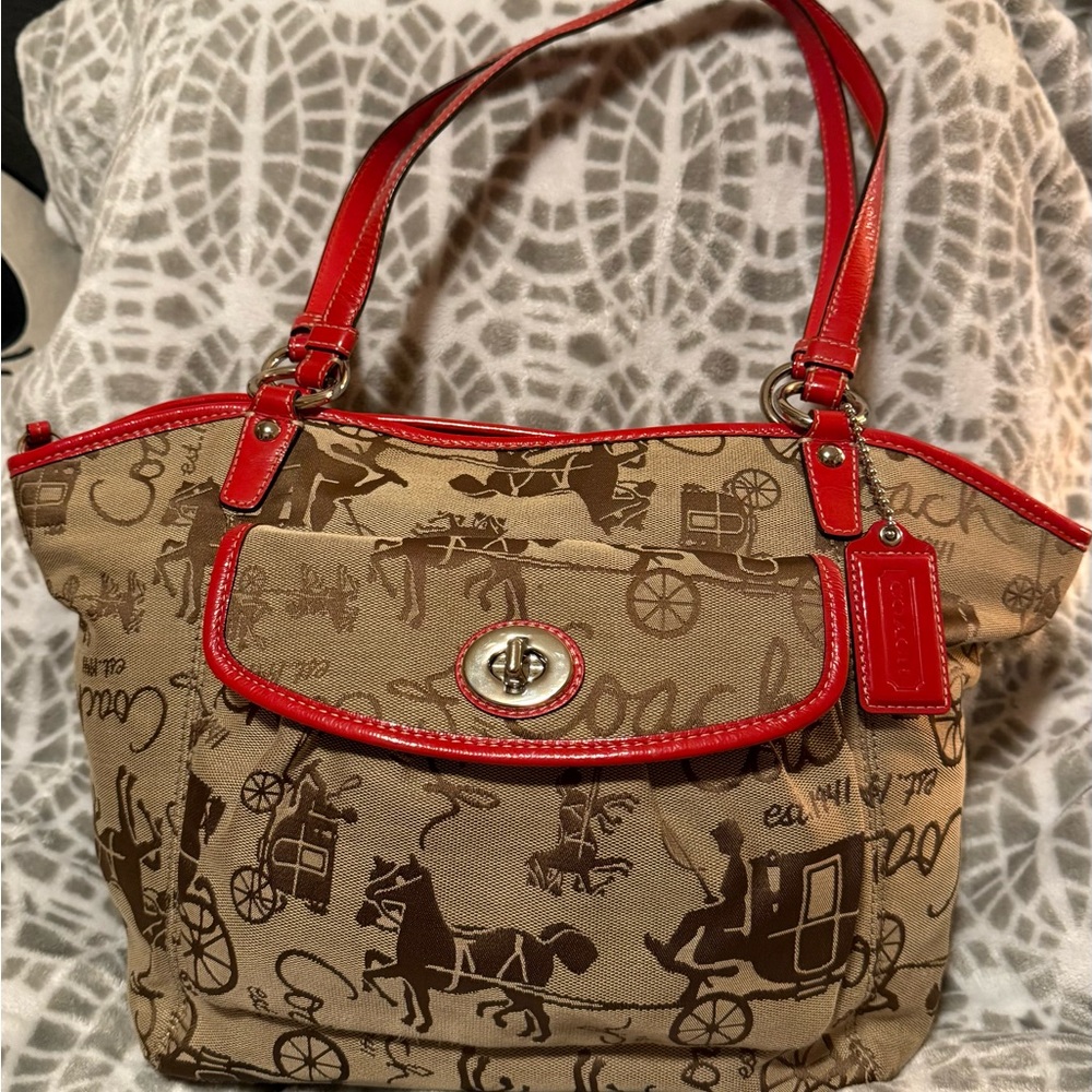 Coach Tan and Red Tote Bag